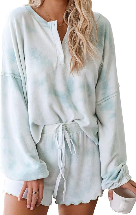 Lopie Womens Lounge Sets 2 Piece Pajamas Set Long Sleeve Tops and Shorts Sleepwear Tie Dye Printe... | Amazon (US)