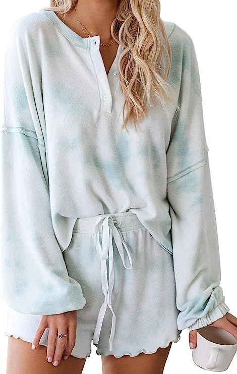 Lopie Womens Lounge Sets 2 Piece Pajamas Set Long Sleeve Tops and Shorts Sleepwear Tie Dye Printe... | Amazon (US)