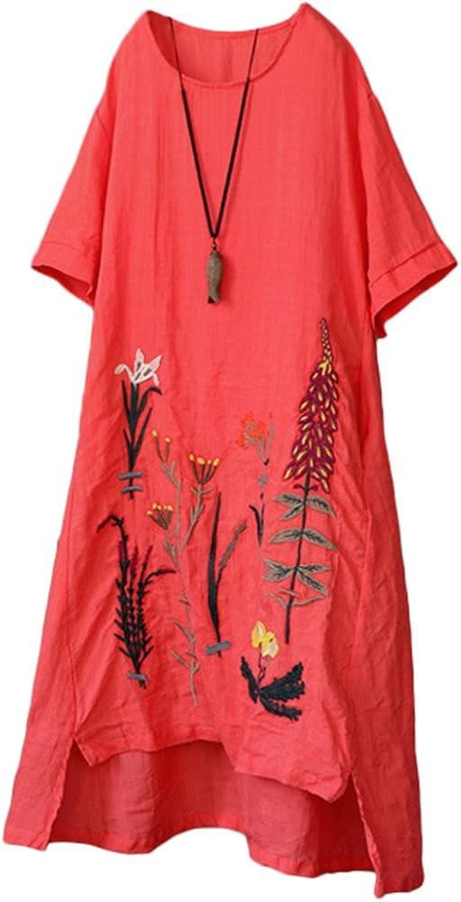 Minibee Women's Embroidered Linen Dress Summer A-Line Sundress Hi Low Tunic Clothing | Amazon (US)