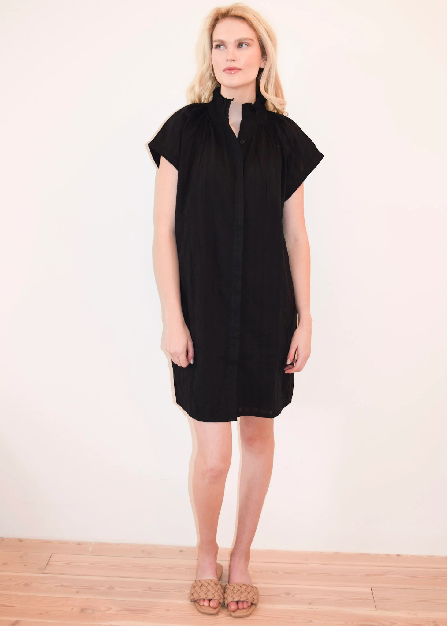 Never A Wallflower | Vicki Button Down Dress Black Pinstripe Solid | Never A Wallflower