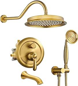 Brushed-Gold Antique Shower-system with Tub Spout: 9 inch Rain Faucets Set in Wall, Rainfall Head... | Amazon (US)