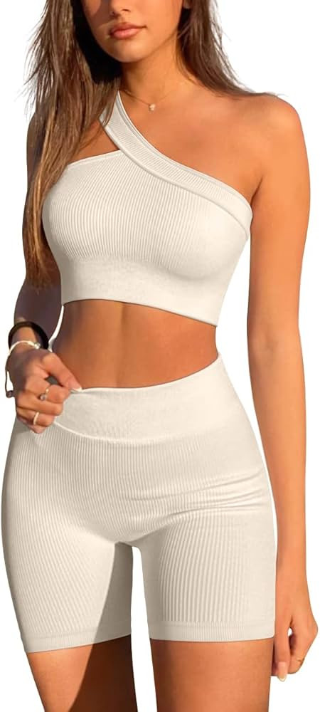 LNSK Workout Sets for Women 2 Piece Seamless Sexy Ribbed Outfits Gym Yoga Shorts Running Set | Amazon (US)