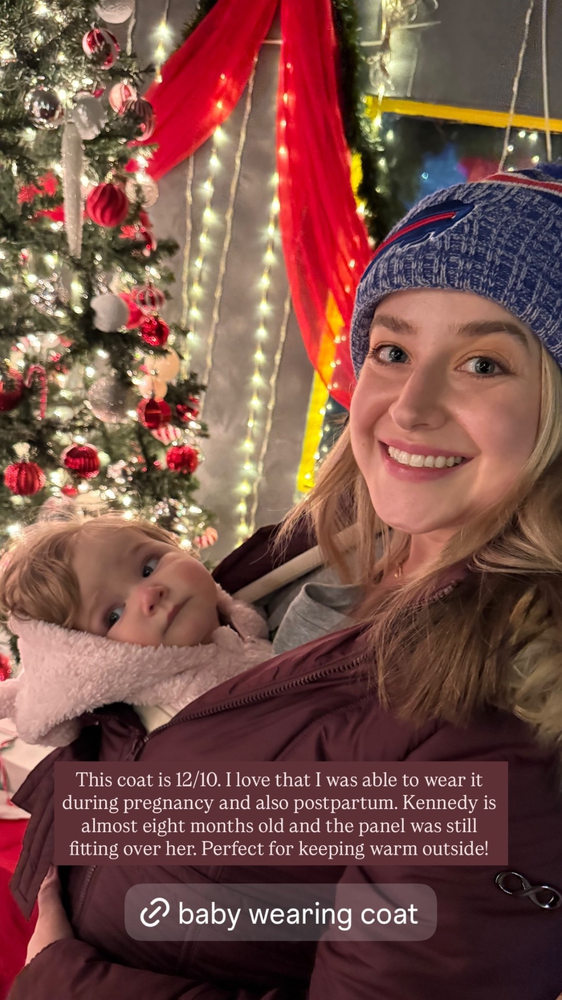 This coat is 12/10. I love that I was able to wear it during pregnancy and also postpartum. Kennedy is almost eight months old and the panel was still fitting over her. Perfect for keeping warm outside!