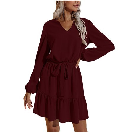 GBSELL Female Summer Dress for Women Long Sleeve Dress V Neck Dress Women Solid Tie Dress Ladies Sol | Walmart (US)