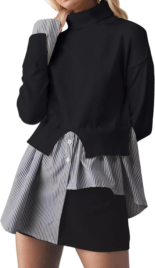 Womens Turtleneck Peplum Patchwork Sweater 2 in 1 Slit Asymmetrical Hem Pullover Sweater Striped ... | Amazon (US)