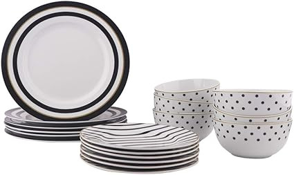 Amazon Basics 18-Piece Kitchen Dinnerware Set, Plates, Dishes, Bowls, Service for 6, Modern Elega... | Amazon (US)