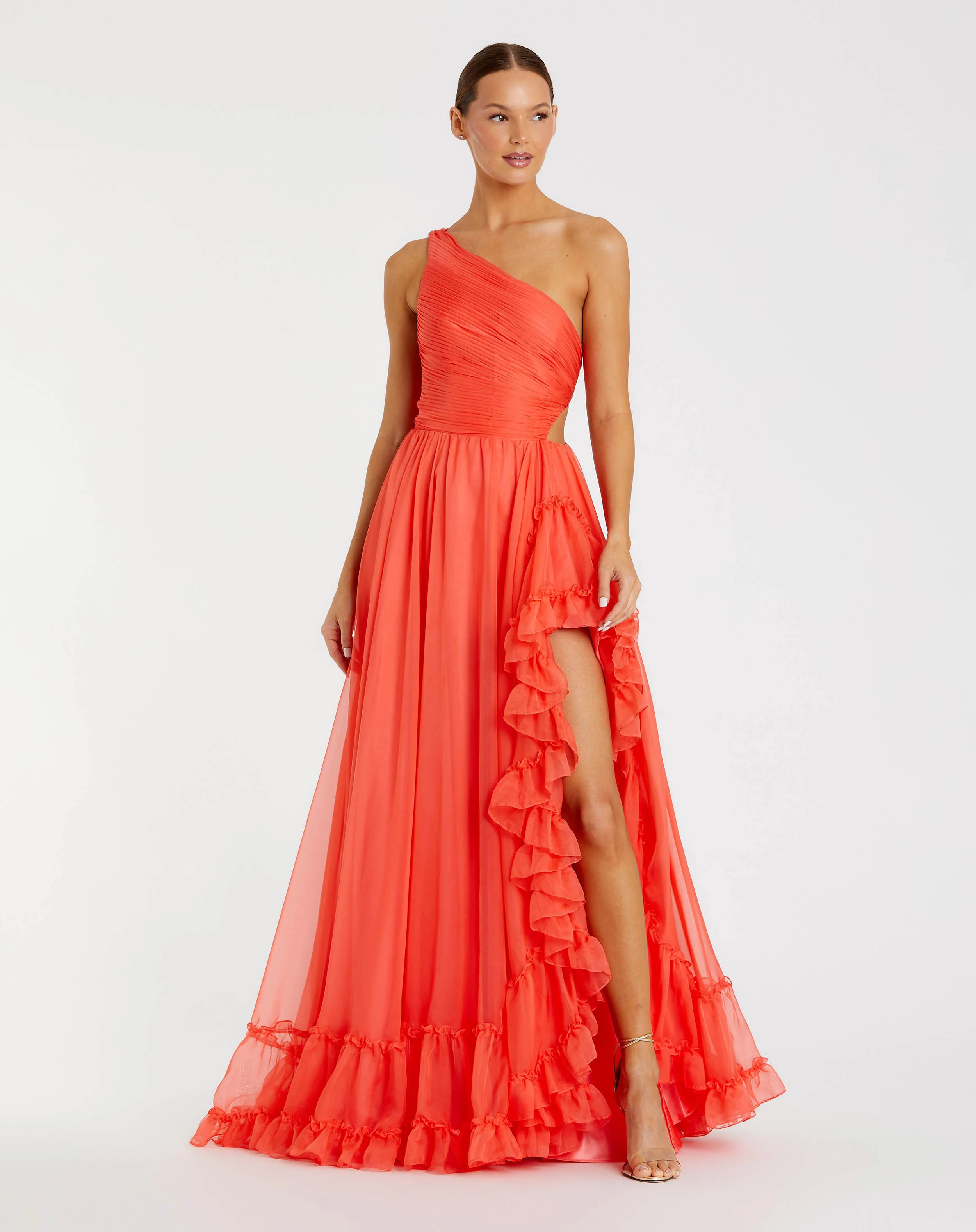 Mac Duggal - Orange One Shoulder High Low Ruffled Chiffon Gown - Tangerine / US 4 | Mac Duggal