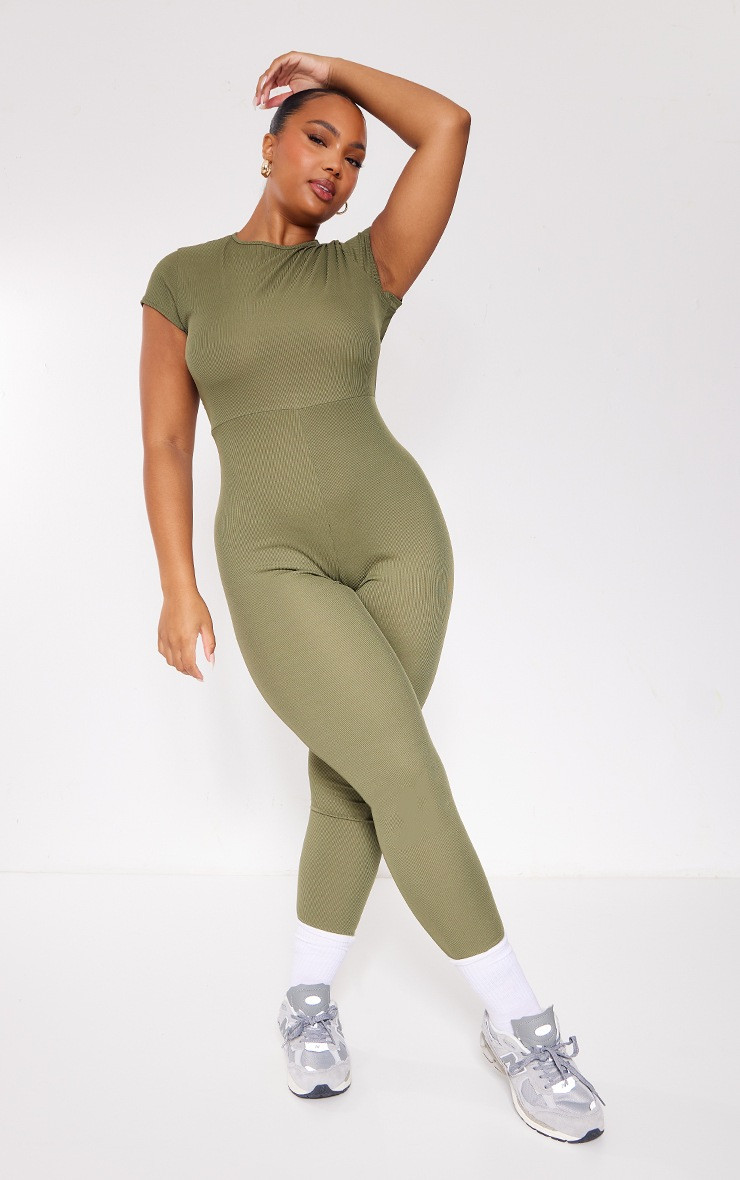Plus Khaki Cap Sleeve Rib Jumpsuit | PrettyLittleThing UK