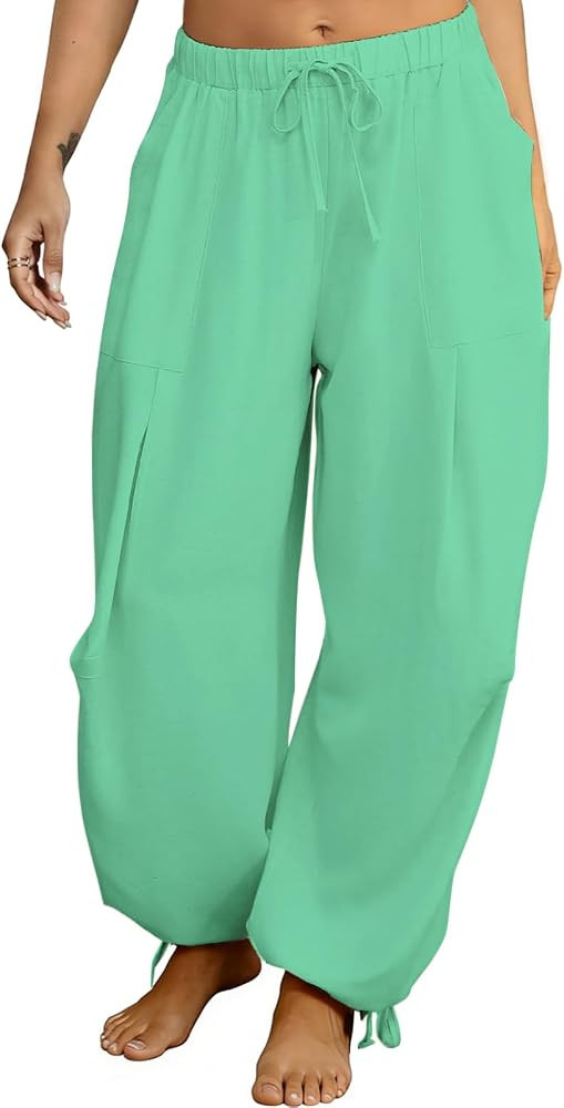Women's Linen Balloon Barrel Beach Pants Boho Harem Flowy Drawstring Casual Loose Pants with Pock... | Amazon (US)