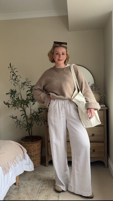 Spring ootd - lightweight knit, white tee, linen stripe trousers (size 10), Birkenstock bostons 