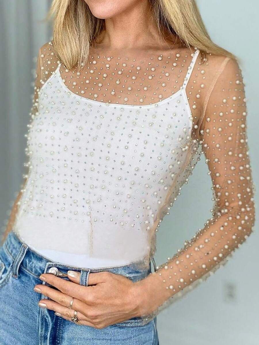 Apperloth A Pearls Beaded Rhinestone Detail Sheer Mesh Crop Clubwear Cover Up Top Without Bra | SHEIN