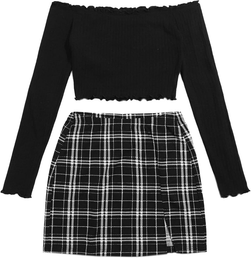 Floerns Women's Two Piece Off Shoulder Long Sleeve Crop Top and Plaid Skirt Set | Amazon (US)