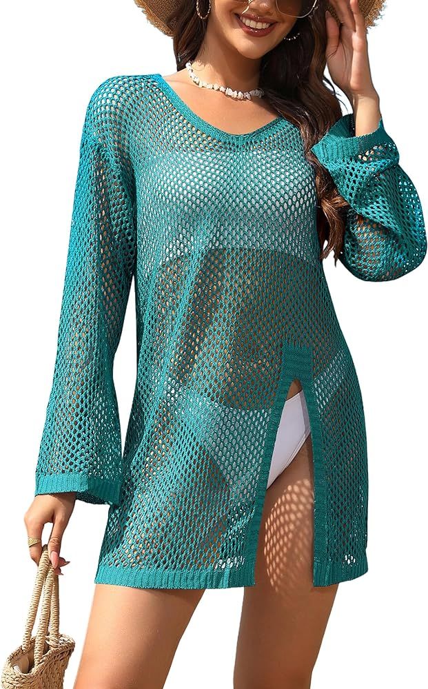 AI'MAGE Women's Crochet Cover Up Long Sleeve Bathing Suit Cover Ups Side Split Hollow Out Beach D... | Amazon (US)