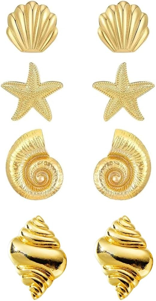 3 Pairs Beach Earrings for Women, 14K Gold Statement Earrings, Summer Ocean Jewelry Starfish Conc... | Amazon (US)