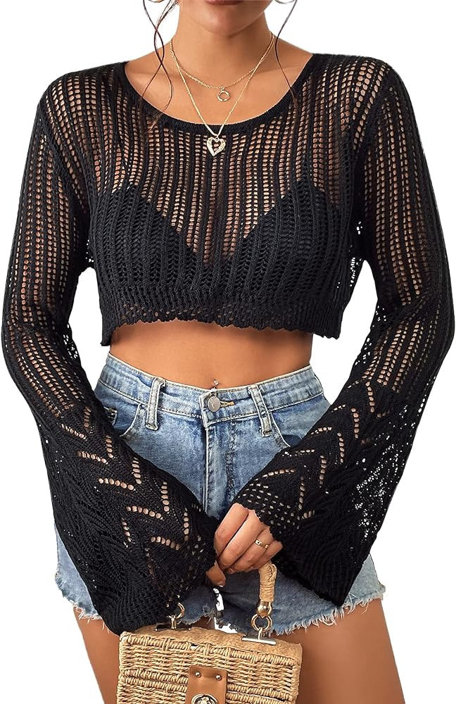 LANGEYANG Women's Black Crochet Crop Long Sleeve Black Top Black Sheer Top Sexy Tops Amazon Tops | Amazon (US)