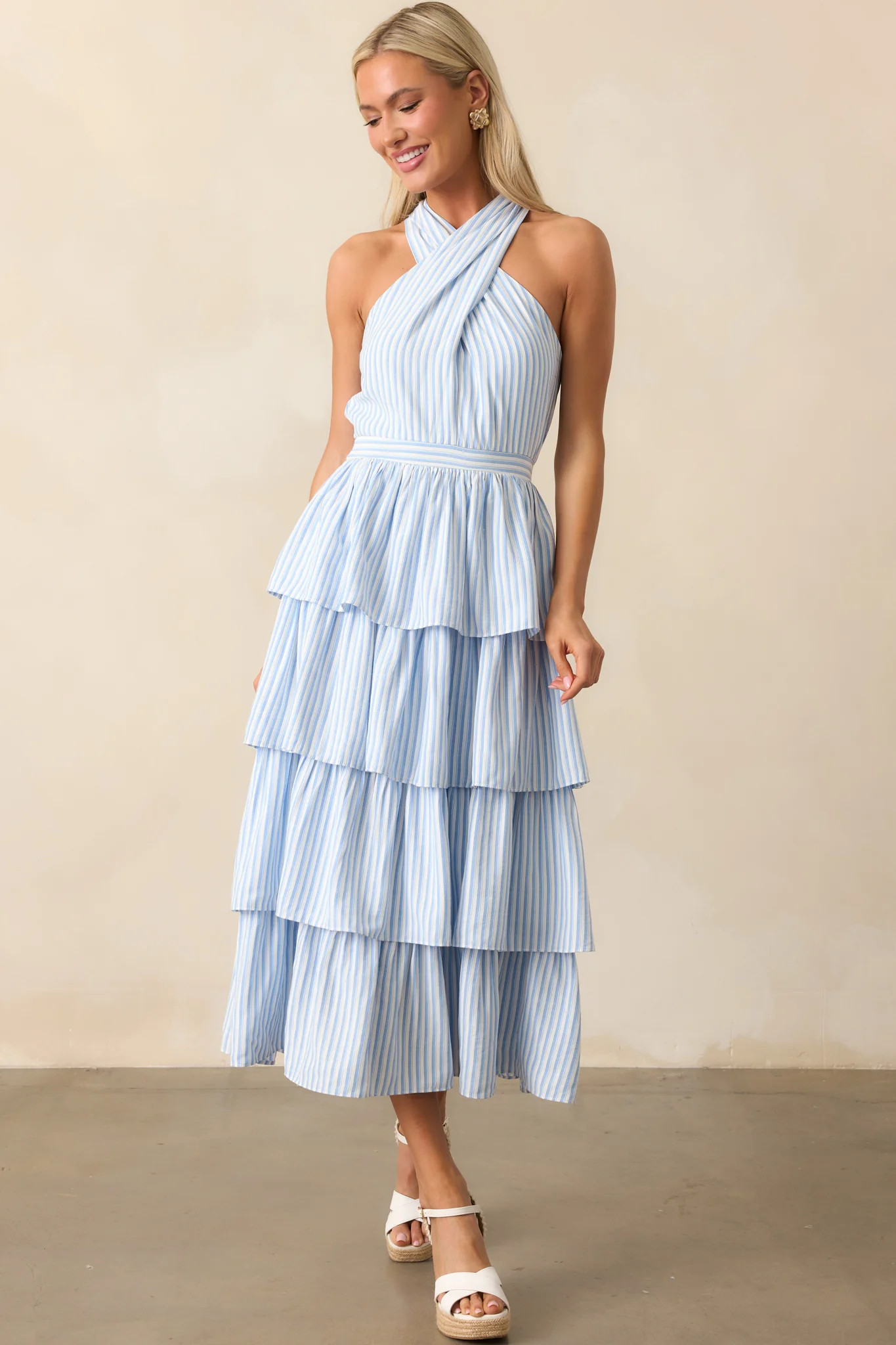 Where I Want To Be Light Blue Stripe Tiered Halter Maxi Dress | Red Dress
