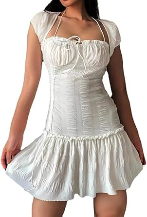 OCUH Y2K Dress White Dress Bodycon Dress Spaghetti Strap Dresses for Women Ruffle Dress Fairy Dre... | Amazon (US)