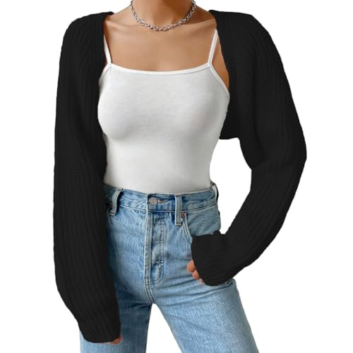 Fuimsul Women Open Front Ribbed Knit Crop Bolero Drop Shoulder Long Sleeve Solid Loose Fit Knitted Crop Cardigan Shrug Black | Amazon (US)