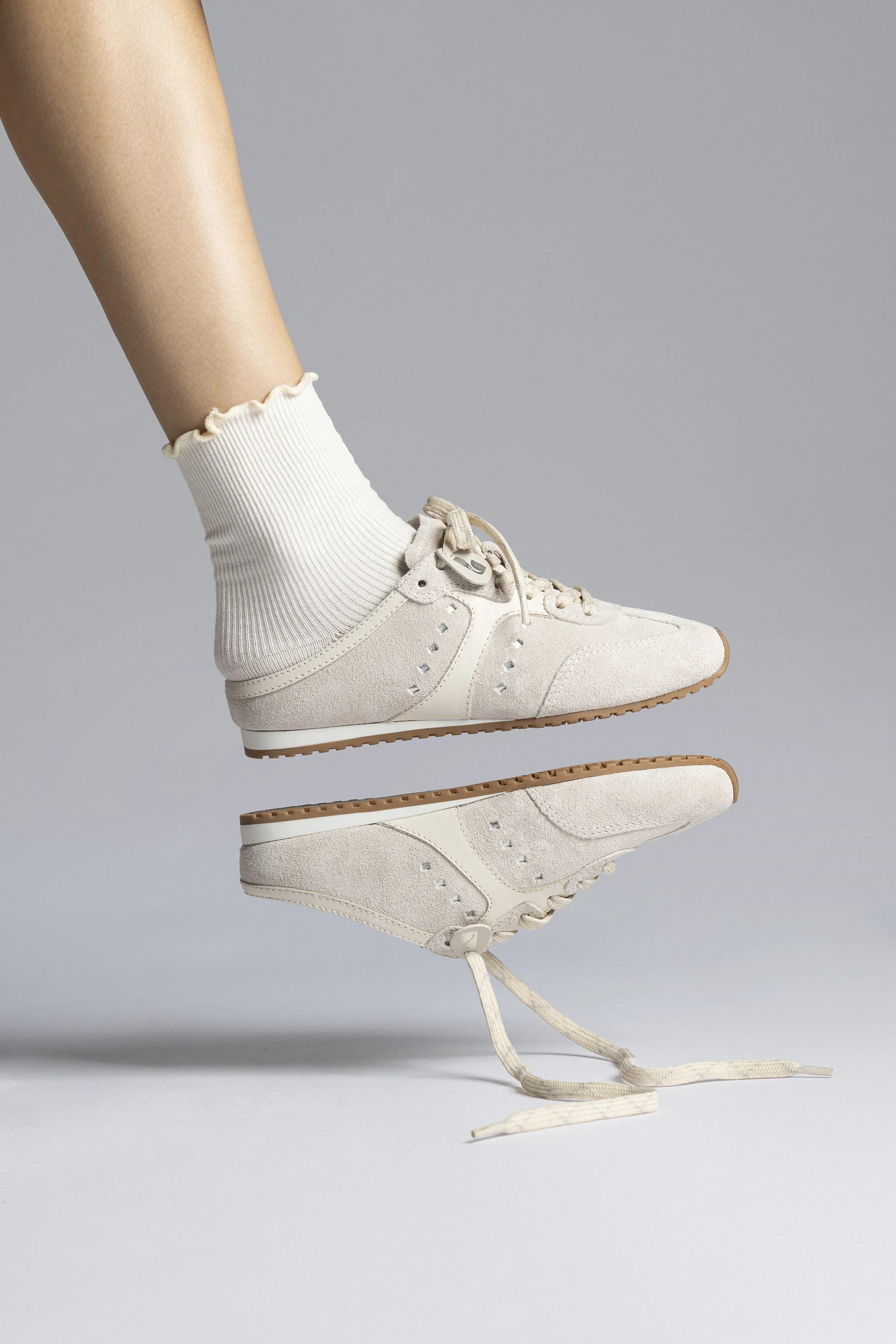 Stella Mule In Mushroom Grey Suede and Ivory Leather | Larroude