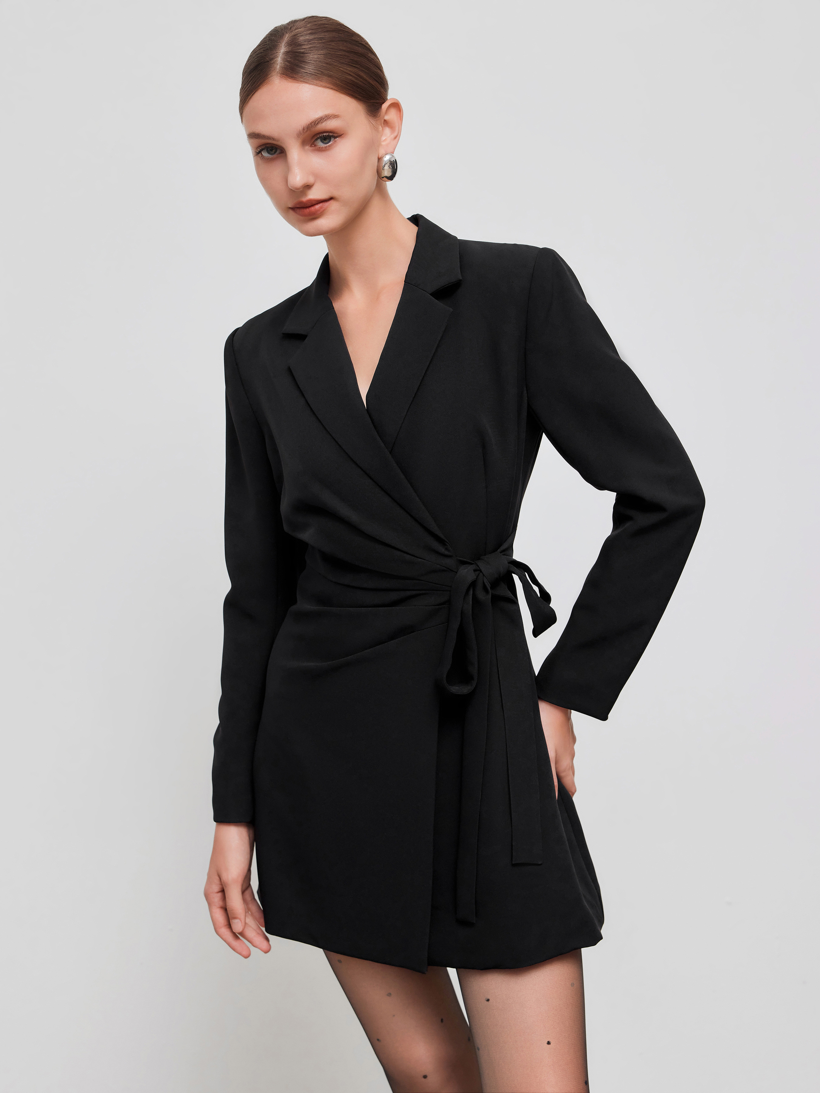 Woven Notched Collar Solid Knotted Blazer Mini Dress For Work | Cider