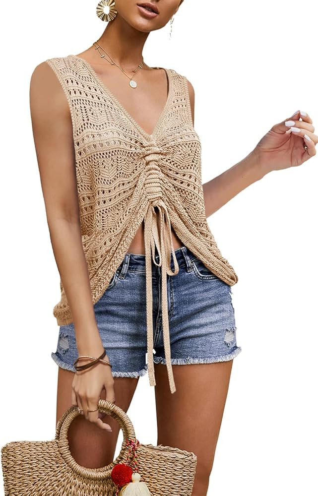 FERBIA Women Crochet Top Beach Cloth Drawstring Shirt Cover Up Oversized Sexy Beachwear Lace Up T... | Amazon (US)