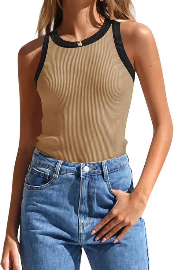 ZESICA Womens 2024 Summer Sleeveless Tank Tops Ribbed High Neck Racerback Slim Fitted Color Block... | Amazon (US)