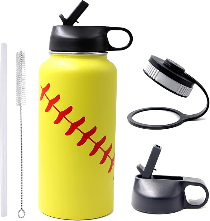 32 oz Softball Water Bottle, Wide Mouth Sports Flask Metal Travel Tumbler with 2 Lids, Stainless ... | Amazon (US)
