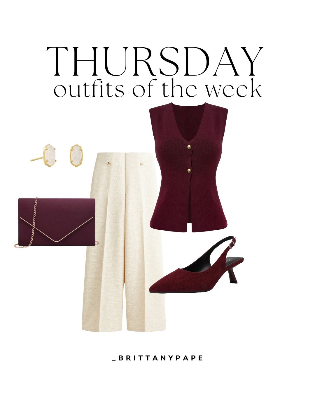 Outfit of the week—Thursday 
Styled from H&amp;M and Amazon
All linked below ⬇️ 


#amazon #burgundytop #burgundyvest #beigepants #workpants #kittenheels #clutch #purse #goldearrings #goldjewlery #christmasoutfit #holidayoutfit 

#LTKootd #LTKFindsUnder50 #LTKHoliday