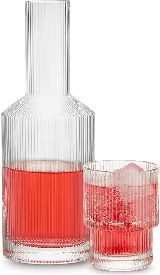 Bedside Water Carafe and Glass Set, Gencywe 28 OZ Pitcher & 6 OZ Cups, Vintage Glass Bedside Wate... | Amazon (US)