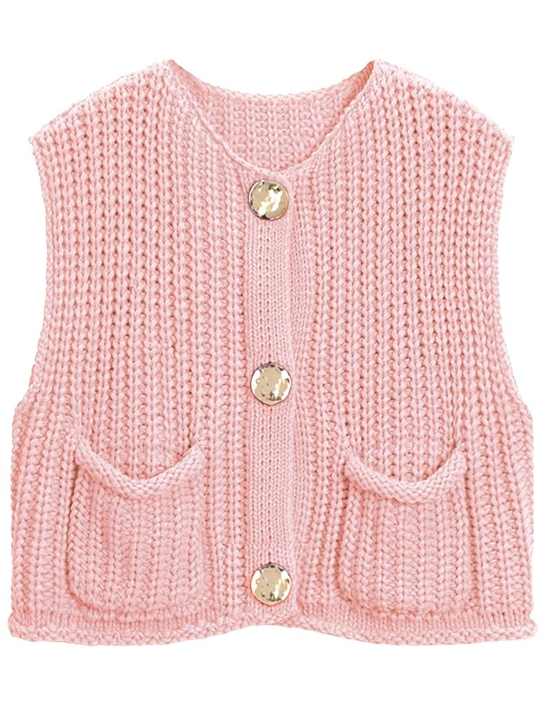 Women's Sleeveless Chunky Knit Top Casual Cropped Button Down Sweater Vest Open Front Cardigan wi... | Amazon (US)