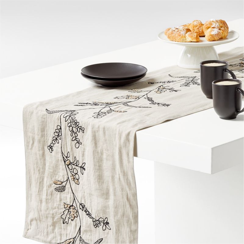 Warm Natural Autumnal Leaf EUROPEAN FLAX -Certified Linen Embroidered Runner + Reviews | Crate & ... | Crate & Barrel