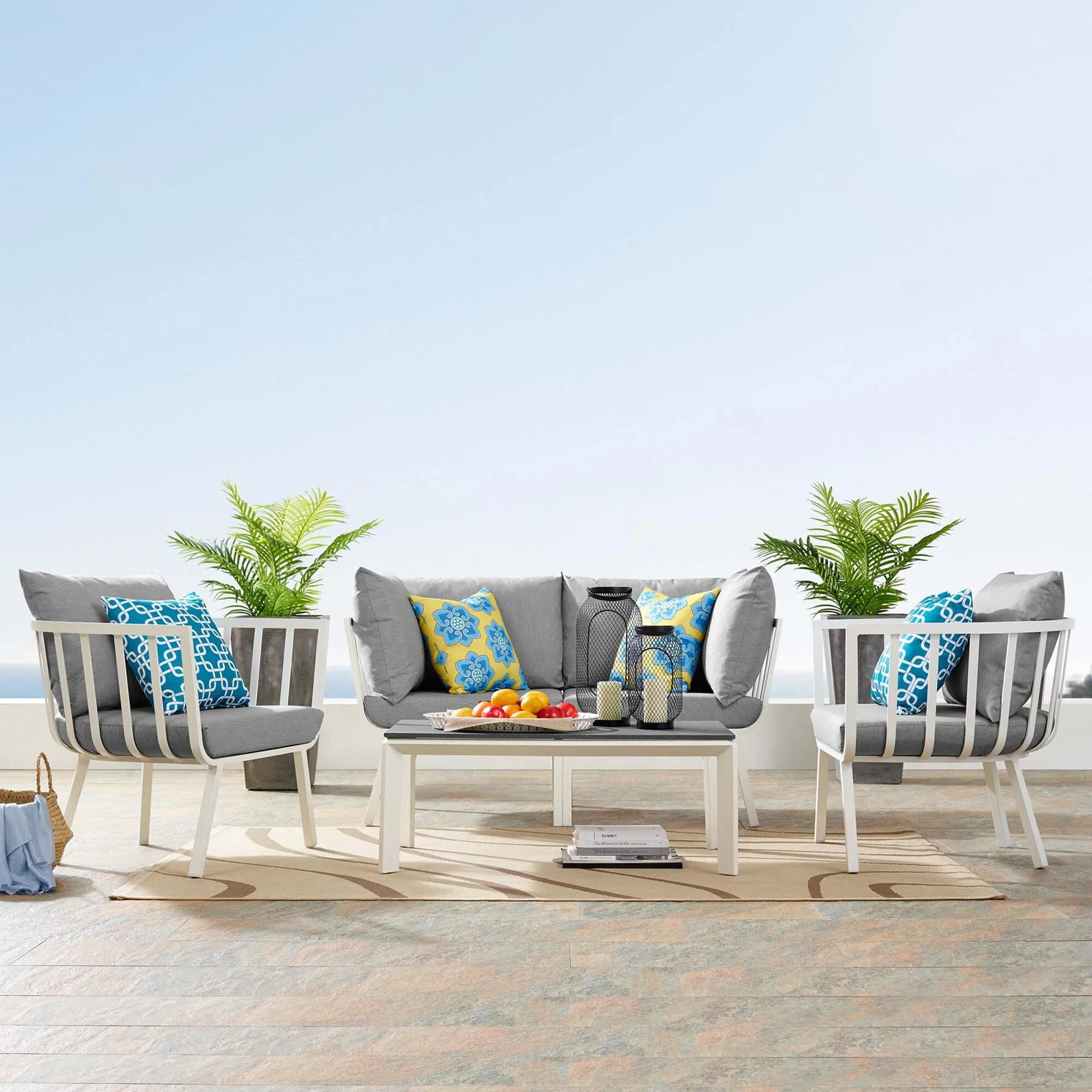 Modway Riverside Outdoor Loveseat with Coffee Table and 2 Armchairs, Gray | Ashley Homestore