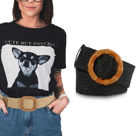 Luxtrada Straw Woven Waist Belt Elastic Retro Stretching Waistband for Women Dresses Round Black | Walmart (US)