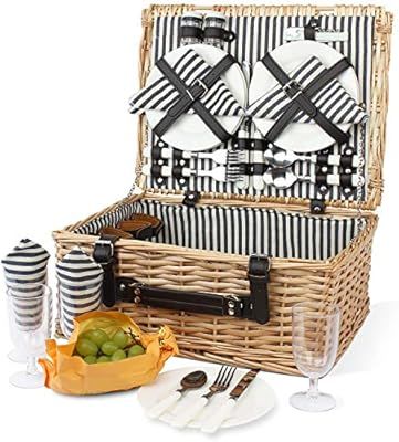 4 Person Picnic Basket, Large Willow Hamper Set with Large Compartment, Handmade Large Wicker Pic... | Amazon (US)