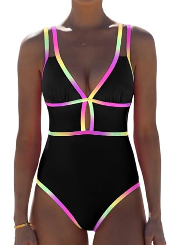 popvil Women One Piece Swimsuit 2026 Tummy Control Sexy Cutout Neon Color Block Bathing Suit Slimming Adjustable Swimwear, Neon Black, Large | Amazon (US)