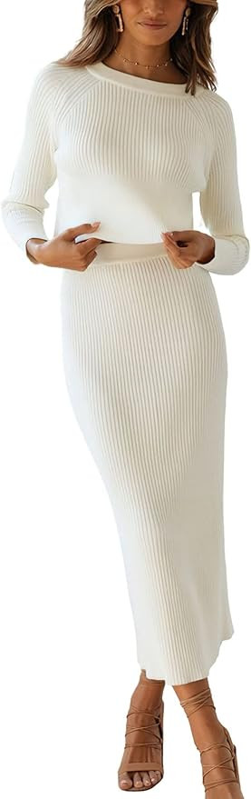 chouyatou Women's Ribbed Sweater Sets Crop Top and Maxi Bodycon Skirt Sets 2 Piece Outfits | Amazon (US)