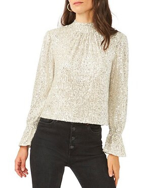 Mock Neck Long Sleeve Sequin Drape Back Blouse | Dillards