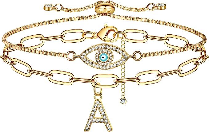 Gold Evil Eye Bracelets for Women, 14K Gold Plated Bracelets for Women Initial Paperclip Chain Ad... | Amazon (US)