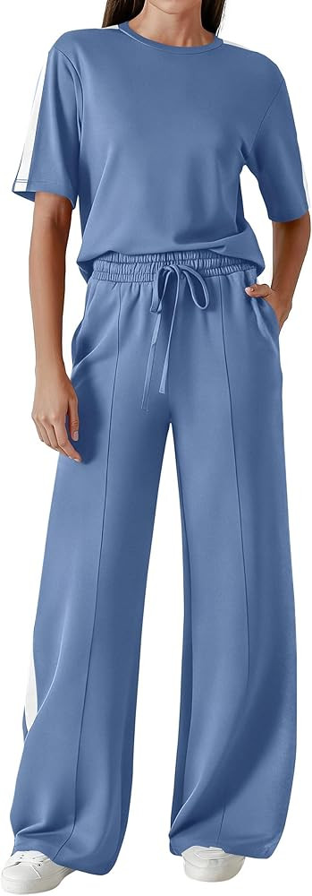 PRETTYGARDEN Women's 2 Piece Sets Summer Casual Short Sleeve Tops Wide Leg Pants Matching Lounge ... | Amazon (US)