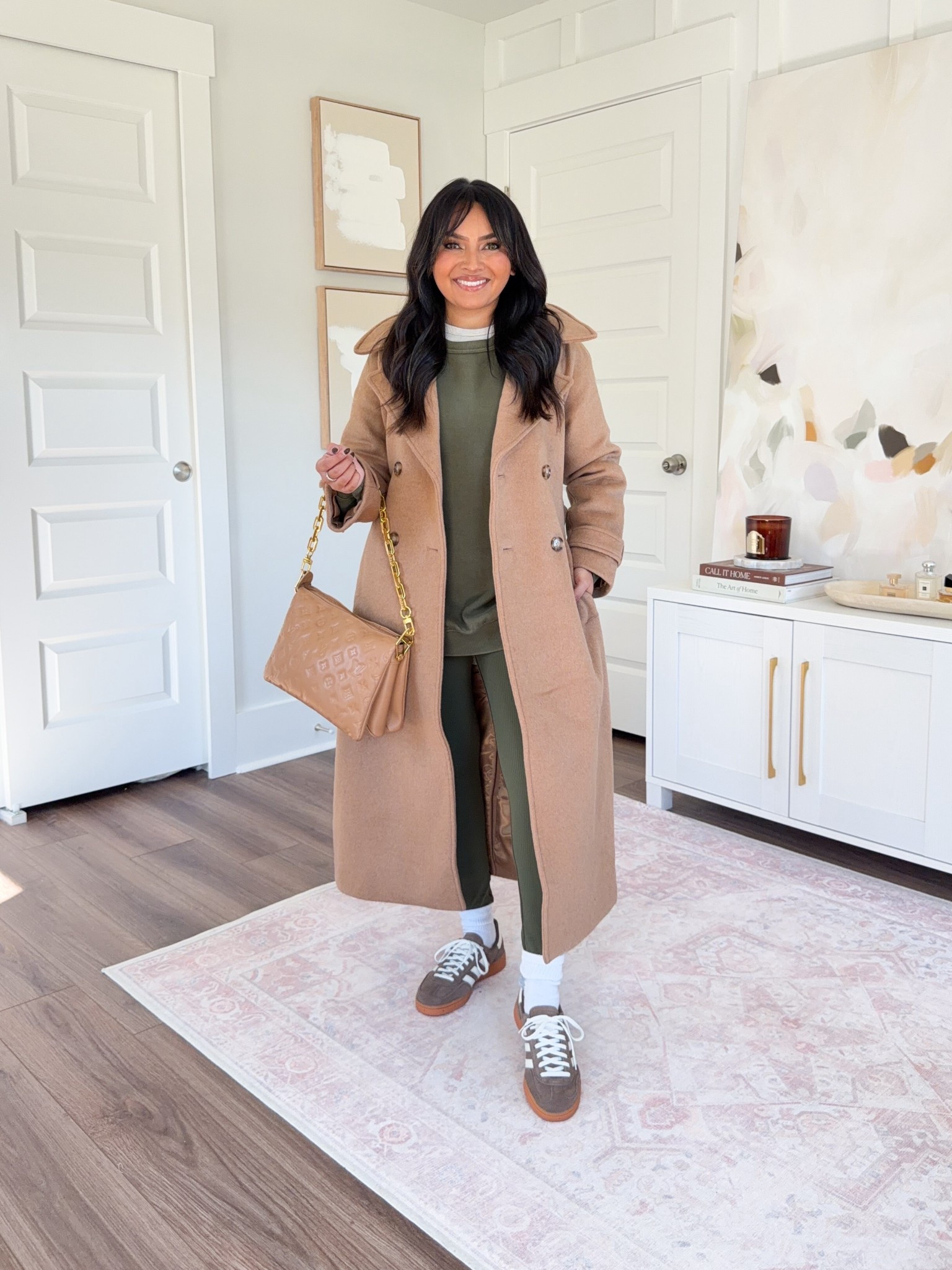 Camel wool trench coat size xs petite TTS
White tee size xs petite TTS
Military green sweatshirt size xs TTS
Military green leggings size medium regular length - I like the longer length to tuck into boots and socks and I size up a size for a more comfortable waistband
Earth Strata / Off White / Gum sneakers size 6 TTS
Chestnut platform Uggs size 5 TTS

#LTKStyleTip #LTKSaleAlert #LTKPetite