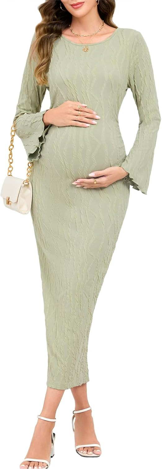 Maternity Dress Ribbed Knit Long Sleeve Round Neck Bodycon Mid Pregnancy Dresses Casual Baby Show... | Amazon (US)