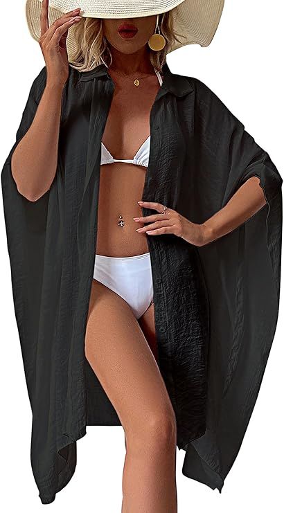 Womens Loose Bathing Suit Cover Ups, Lightweight Beach Swimwear Button Down Shirt Dress Summer Bi... | Amazon (US)