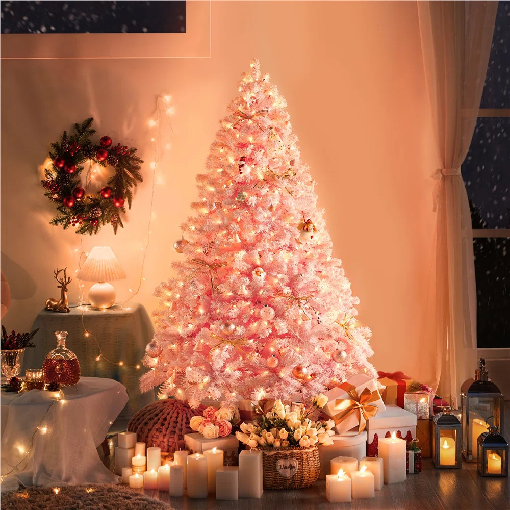 Pre-lit Flocked Artificial Christmas Tree with Foldable Stand | Wayfair North America