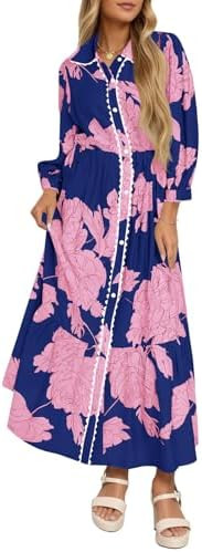 Wenrine Womens Maxi Shirt Dress Casual Floral Collared 3/4 Long Sleeve Drawstring Waist Fall Butt... | Amazon (US)