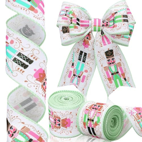 Norme 2 Rolls Pastel Christmas Nutcracker Ribbon 2.5 Inches Wide 10 Yards Pink Green Nutcracker Ribbon with Wired for Xmas Tree Decor Gift Wrapping Box Bows Wreath DIY Craft | Amazon (US)