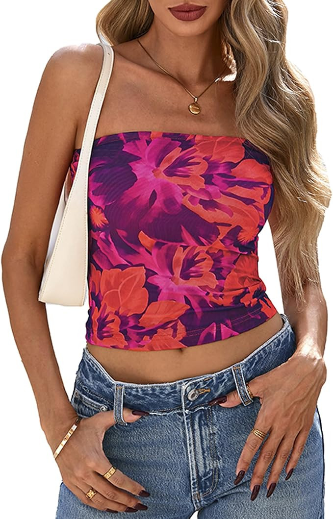 PRETTYGARDEN Women's Mesh Floral Strapless Bandeau Crop Top | Amazon (US)