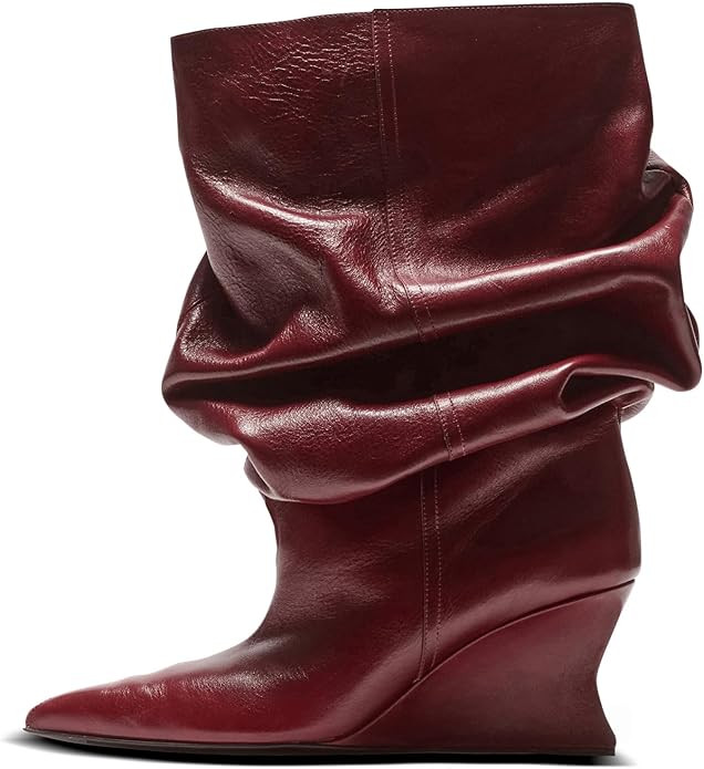 Slouchy Mid Calf Boots For Women Pointed Toe Wedge Heels Slouch Pull On Wide Calf Boots | Amazon (US)