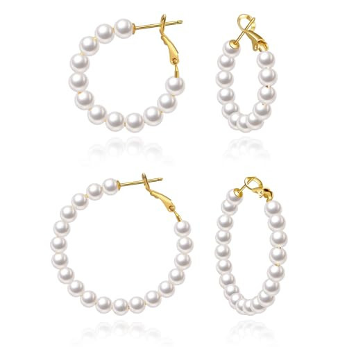 VEEDOFA Pearl Hoop Earrings for Women, 2pcs 14K Gold Plated Lightweight Hypoallergenic Pearl Hoop Earrings Set, 20MM&30MM | Amazon (US)