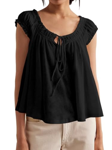 Tankaneo Women Summer Tie Front Tank Tops Cap Sleeve Pleated Babydoll Tops Casual Loose Fit Going... | Amazon (US)