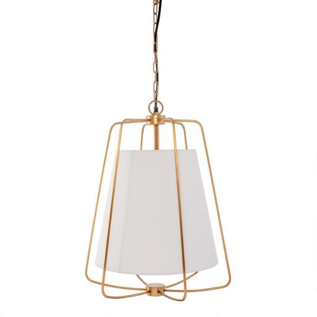 White Fabric and Antique Brass Cage Parker Pendant Lamp | World Market